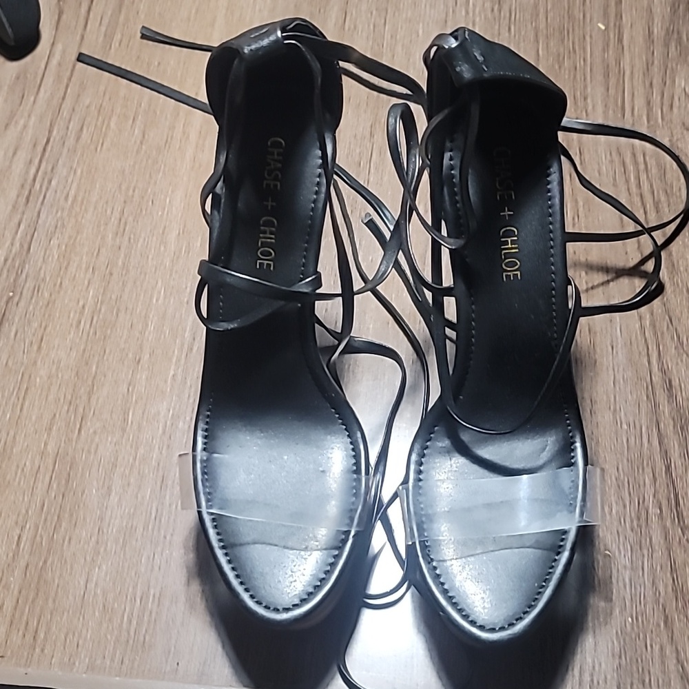 "Chase + Chloe" see-through heel dress sandals, wrap-around leg lacing.